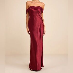 NWT Lulus Alaida Wine Red Satin Off-the-Shoulder Maxi Dress